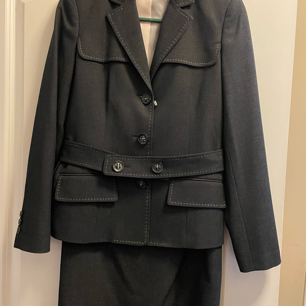 Anne Klein Charcoal With Cream Stitching Blazer and Skirt Set
